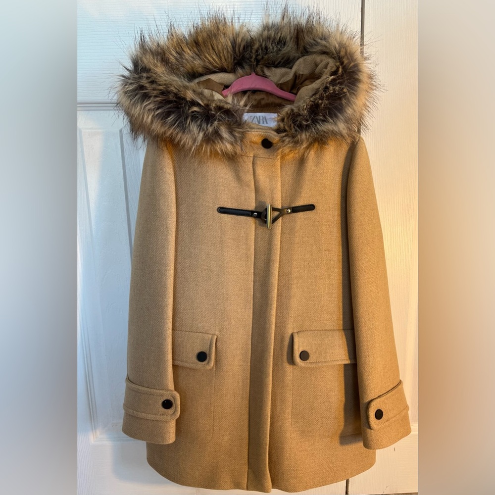 Zara girls tan wool coat with faux fur hood